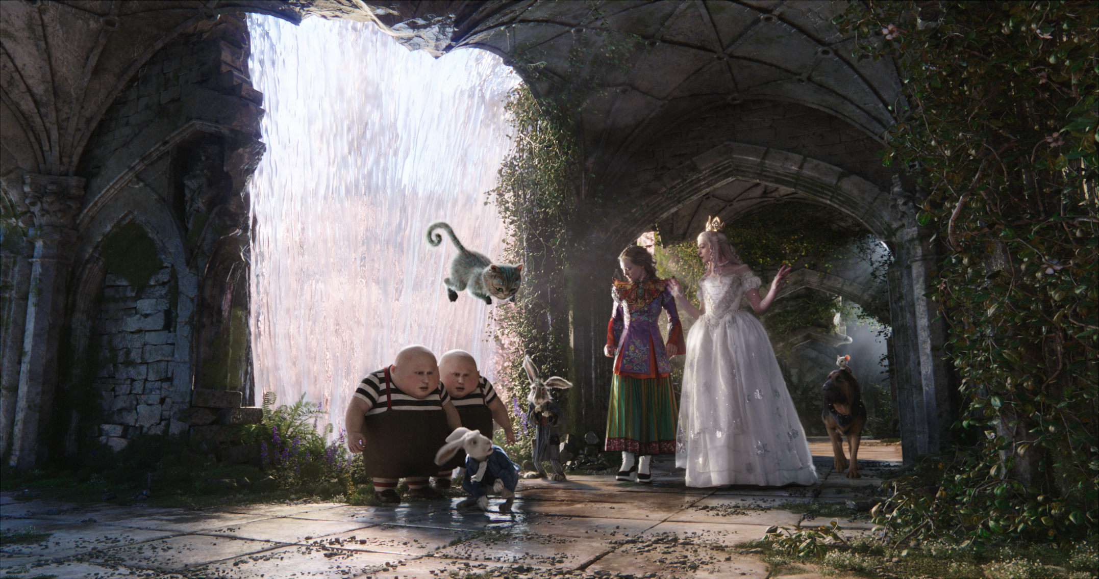 Alice (Mia Wasikowska) returns to the whimsical world of Underland in Disney's ALICE THROUGH THE LOOKING GLASS. In the all new adventure Anne Hathaway returns as the White Queen, Matt Lucas is the Tweedles, Stephen Fry is the voice of Chessur, Michael Sheen is the voice of the White Rabbit, Timothy Spall voices Bayard, Paul Whitehouse is the voice of the March Hare and Barbara Windsor is the voice of Dormouse.